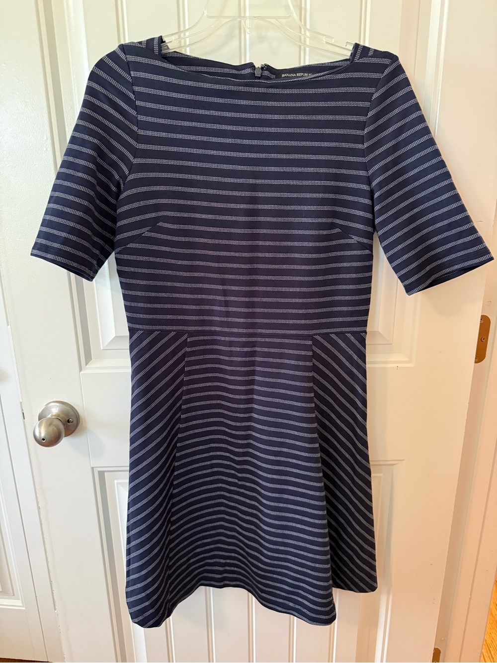 Banana Republic Navy and Light Gray Striped Fit-and-Flare Dress